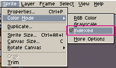 Aseprite In-Editor Indexed Mode Selected